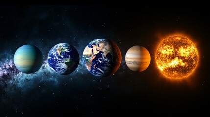 Planets of the Solar System on the background of space, Earth and Sun in one row.
Useful for astronomy educational materials, scientific articles about space, presentations about the solar system.
