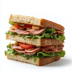 Ham and salad sandwich on white background