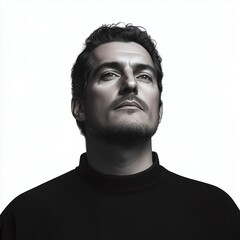 A handsome middle-aged man in black clothes looks trustworthy on a white background.