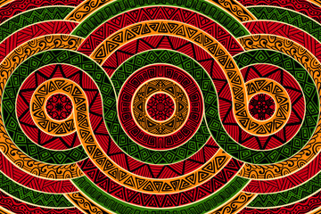 Seamless african pattern. Ethnic and tribal motifs. Orange, red, yellow, blue and black colors. Grunge texture. Vintage print for textiles. Bohemian hand-drawn ornament. Vector illustration.