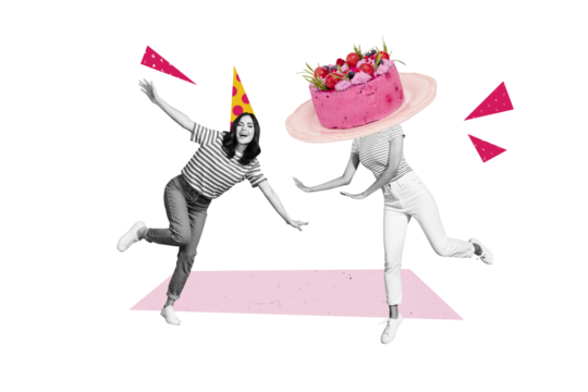 Creative photo poster trend art collage image of two happy girls headless cake birthday celebration postcard cap festive event
