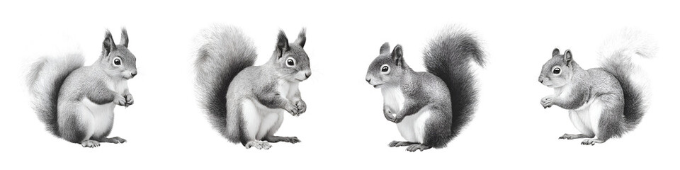 Obraz premium Squirrel Illustration Set: Detailed Graphite Drawings of Bushy-tailed Rodents