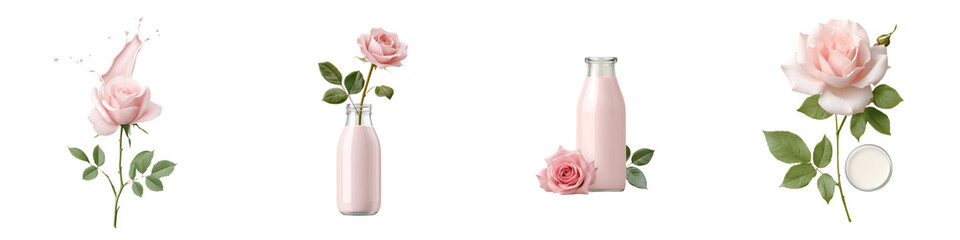 Obraz premium Rose Milk Beauty Set: Cosmetic Product Still Life with Pink Flowers