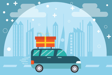 Flat vector illustration of a delivery car carrying a large gift box on its roof,driving through a modern cityscape.Concept for express shipping,gift delivery service or online shopping