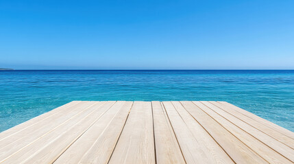 Fototapeta premium Tranquil wooden pier extending into clear blue ocean under bright sky