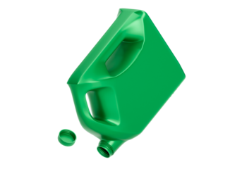 Opened empty green plastic engine oil bottle, transparent background