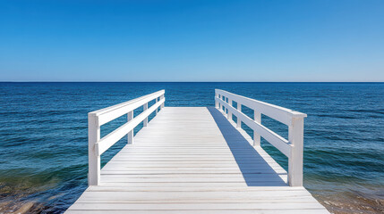 Fototapeta premium Serene wooden pier extends into calm ocean under clear blue sky, inviting tranquility