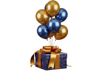 Festive blue and gold balloons tied to a decorated gift box isolated on transparent background