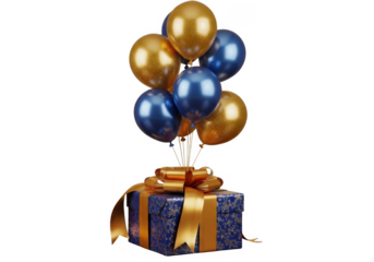 Festive blue and gold balloons tied to a decorated gift box isolated on transparent background