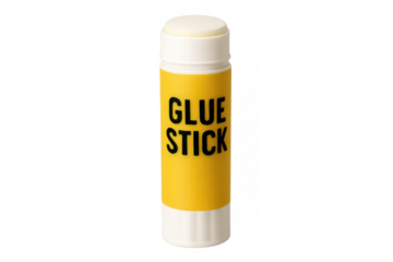 Glue stick with yellow label, school and office stationery for crafting and paper adhesive on transparent background