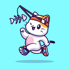 Cute Cat Run Chasing Fish Bone Cartoon 
