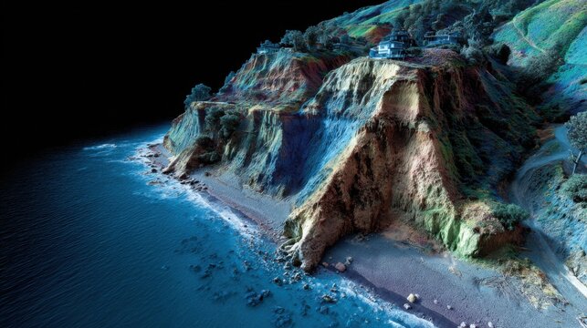 Medium shot of a coastal area being scanned with LIDAR revealing intricate elevation changes along the shoreline and nearby cliffs.