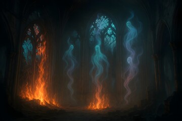 Abandoned cathedral with flaming stained-glass windows, spirits forming from broken light beams in crimson, turquoise, and pale violet glow