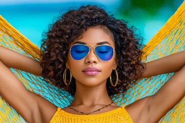 a realistic photo of a woman lounging in a hammock with sunglasses in full vacation mode