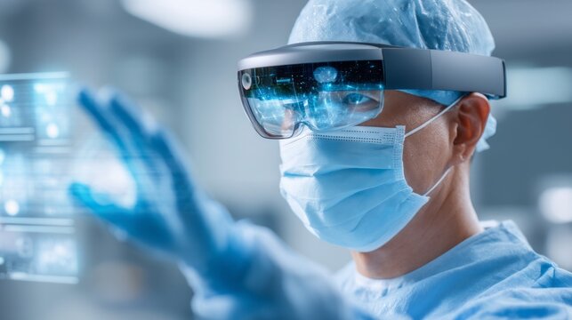 In a modern operating room, a skilled surgeon employs augmented reality to gain real-time information for surgery. This innovative approach improves accuracy and patient outcomes