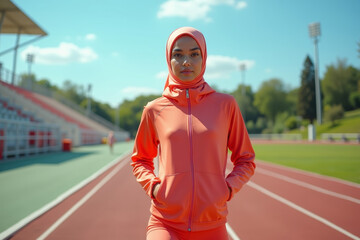 Happy young Muslim woman on stadium background. AI