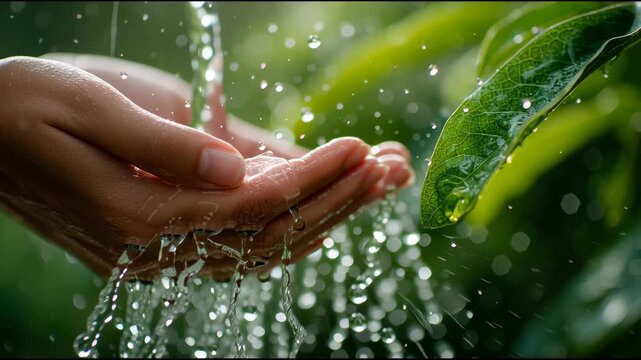 Cleanse with Nature's Essence: A serene depiction of hands cradling the flow of pure water, juxtaposed with vibrant leaves, encapsulating the essence of purity and the significance of preservation. 