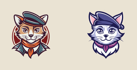 Fototapeta premium Stylish elegant sharp cat Heads in Hats and Scarves logo vector art design illustration