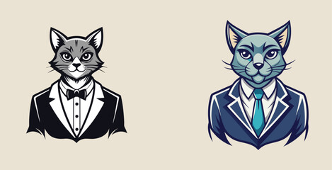Obraz premium Stylish elegant sharp dignified cat in professional suit logo vector art design illustration