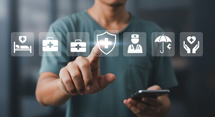 A person uses a smartphone to access health insurance information via digital icons, representing hospital, medical kit, protection, doctor, umbrella, and care, ensuring comprehensive coverage