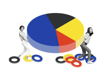 Trend artwork image photo collage of business stats human resource team two young woman carry hand hold diagram graphics trade success