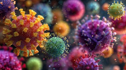 Obraz premium Photorealistic 3D illustration of diverse viruses floating in microscopic space, showing detailed viral structures, textures, and shapes in scientific visualization style, generative ai illustration.