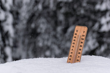Thermometer in snowy drift with blurred forest in background. Symbol of cold weather, winter frost,...