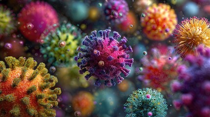 Fototapeta premium Photorealistic 3D illustration of diverse viruses floating in microscopic space, showing detailed viral structures, textures, and shapes in scientific visualization style, generative ai illustration.