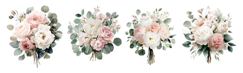 Watercolor set of wedding bouquets. Bride's bouquet with pink and yellow roses and green eucalyptus leaves. Wedding floral attributes. Romantic hand drawn flowers. Vector illustration.