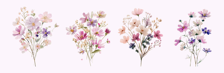 Set of wild romantic flowers. Watercolor composition with field and meadow pink comfrey flowers. Floral field and meadow flowers. Romantic wedding floral clipart.