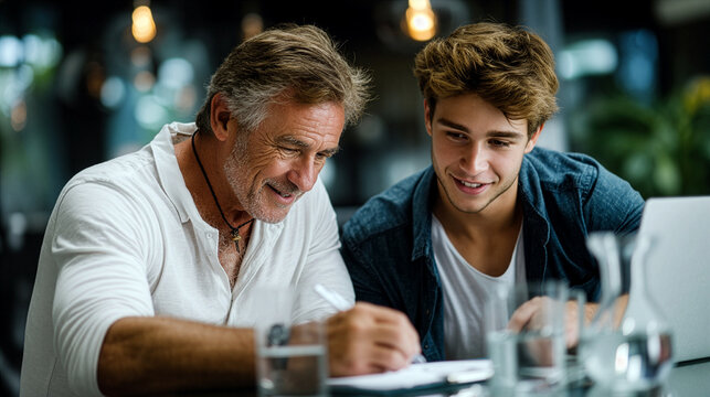 Financial Planning Ad - Son Helping Father with Retirement - Family Trust - Powered by Adobe