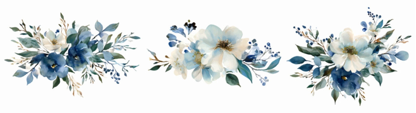 Watercolor set of blue floral arrangements. Frames with blue and white flowers with leaves. Romantic flowers for wedding invitation designs. Vintage hand drawn flowers. Vector illustration.