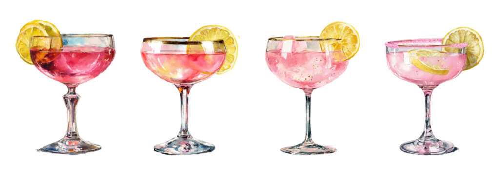 Watercolor set of glasses with pink cocktails decorated with a lime slice. Whimsical cocktails in glasses. Romantic pink alcoholic drinks in retro style. Vintage bar elements.