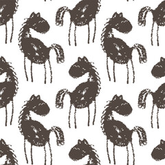 Seamless pattern with cute hand-drawn horses in rustic sketch style, playful brown animal illustration on white background, ideal for children&rsquo;s textiles, wrapping paper, wallpapers, and farm designs