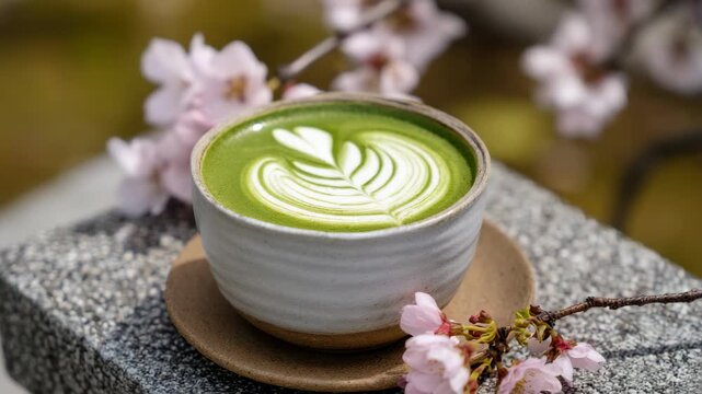 Enjoying matcha latte with cherry blossoms at a serene outdoor cafe during spring season in a vibrant city park