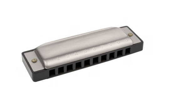 Diatonic harmonica, a popular wind instrument for blues, folk, and country music, on transparent background