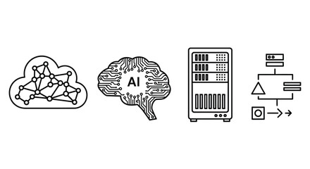 Digital cloud ai brain server and network flow chart icons for technology and data concepts vector
