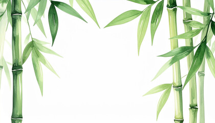 Hand-painted bamboo stalks with soft green gradients, delicate leaves, white background