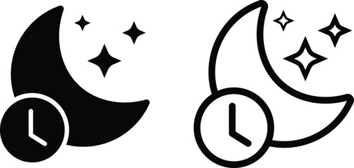 Sleeping moon with alarm clock icon set, collection in black flat and line style, includes night crescent, bedtime rest, sleep reminder, dream wake up alert, relaxation and peaceful night concept