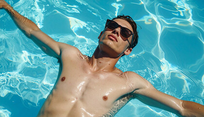 A young man enjoys a relaxing day at the pool, sunbathing with his arms outstretched