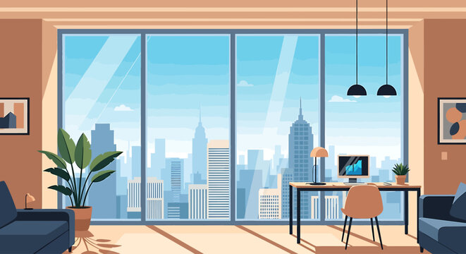 Modern cityscape office offering flexible Hybrid Work solutions for the aspiring Digital Nomad lifestyle - Powered by Adobe