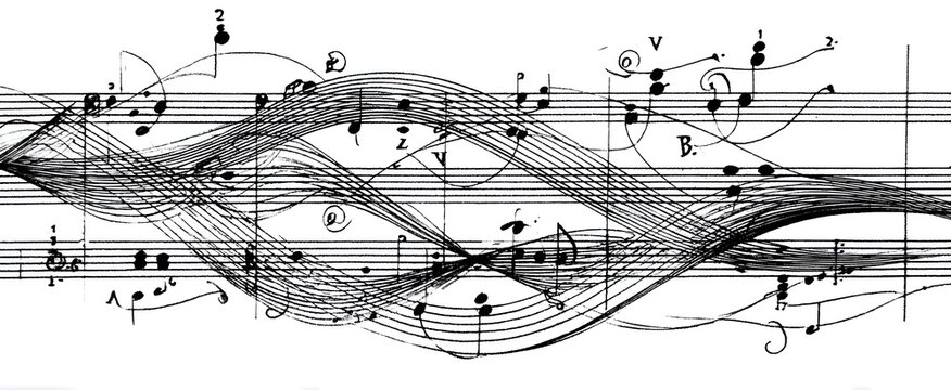 Fugato musical score evokes intricate emotions through deeply intertwined melodic lines.