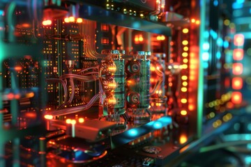 Naklejka premium Close-up of a modern computer circuit board with glowing lights