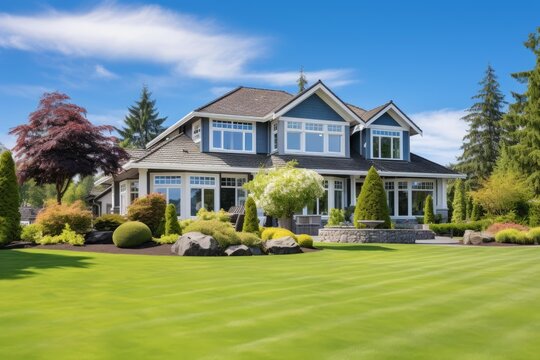 Luxury house with perfectly manicured lawn and garden on a sunny day - Powered by Adobe