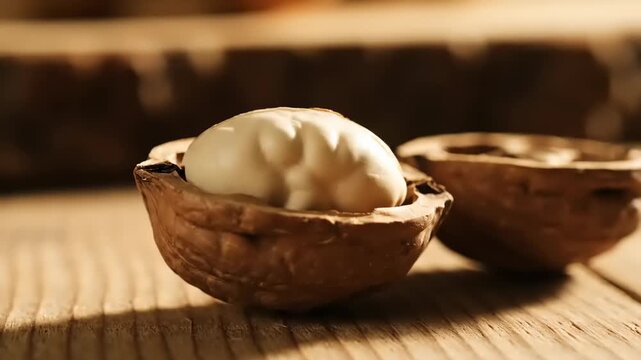 Close-up of a hand opening a fresh walnut to reveal the kernel on a wooden table