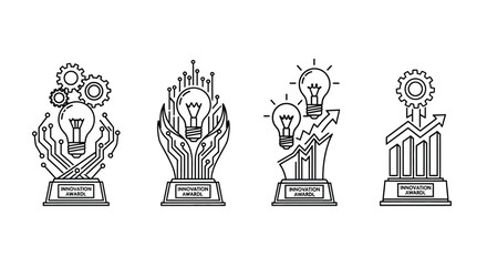 Award trophies featuring lightbulbs gears and abstract technology designs for innovation recognition vector