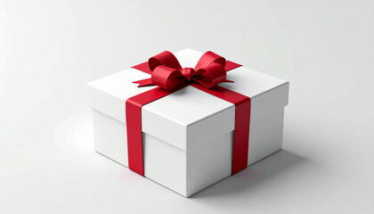 Obraz premium A pristine white gift box adorned with a vibrant red ribbon and bow, presented against a clean, minimalist white background