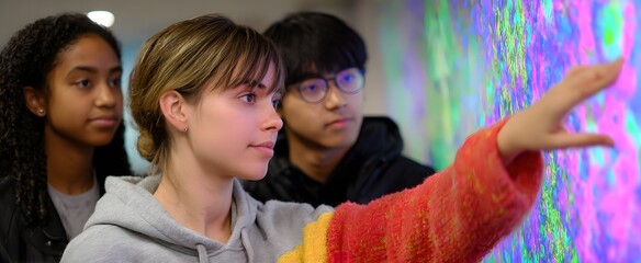 Students collaborating feel energized and inspired around the vibrant digital learning screen