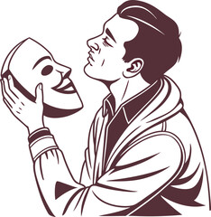 Man holding mask personifies deception identity reveal inner conflict isolated on transparent background