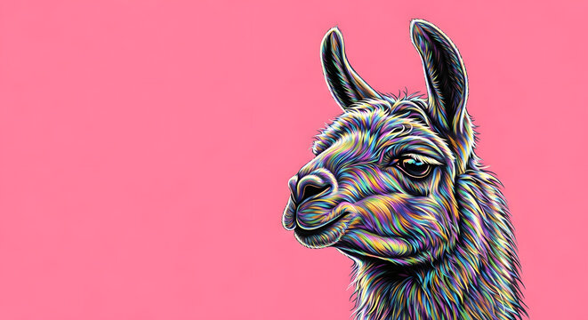 Vibrant Psychedelic Llama Portrait on Pink Background